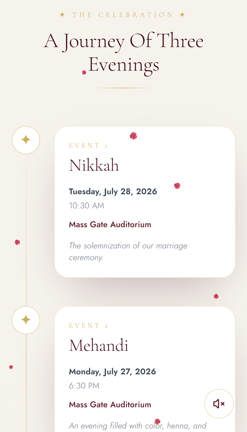 Wedsaro Wedding Invitation Multi-Ceremony Schedule — Nikkah & Mehendi